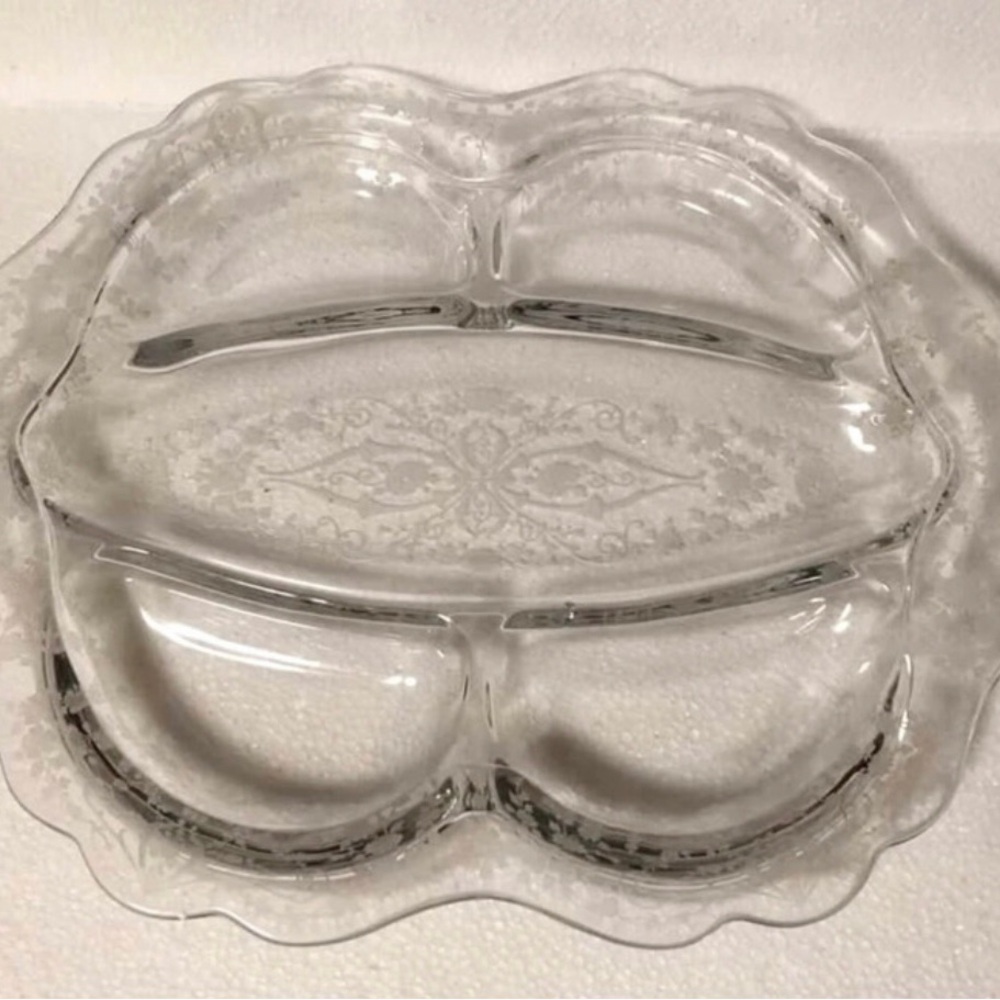 Vintage Cambridge Rose Point Relish Dish 5 Part Divided Etched Glass 1930s